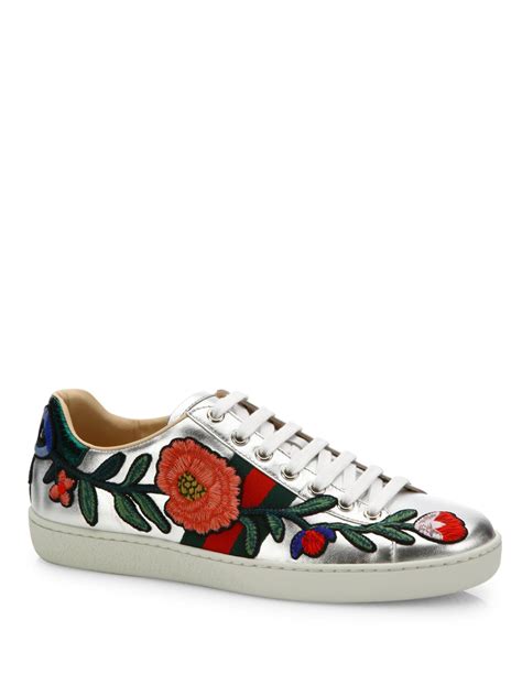 gucci floral ace sneakers silver|Gucci ace embellished leather sneakers.